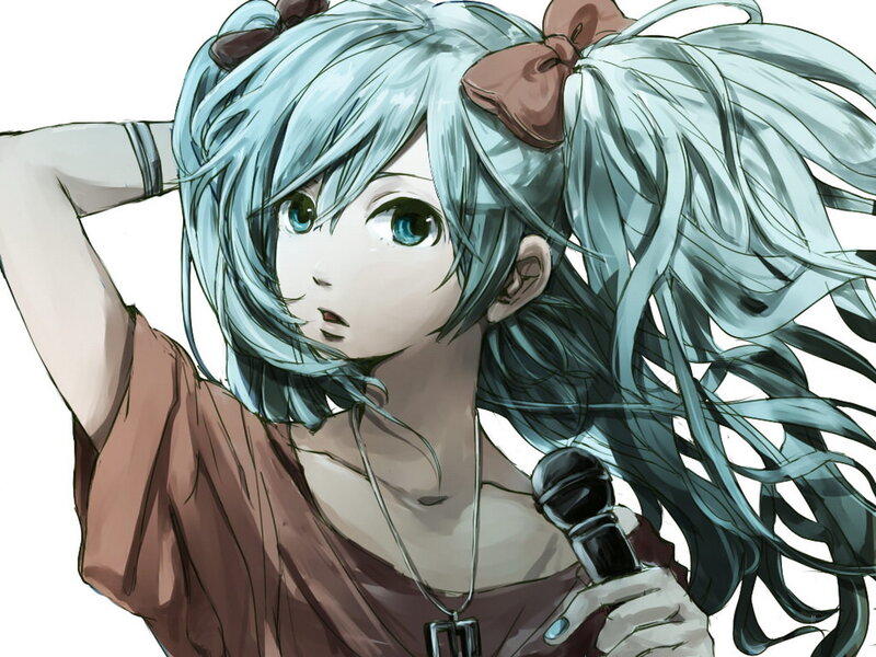 Anime Girl with Blue Hair — Calm, Digital Art, Microphone, Bow