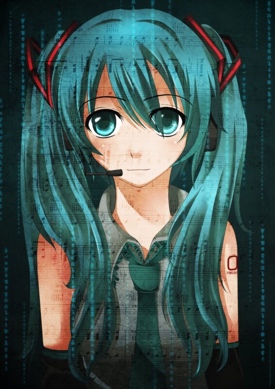 Anime Girl with Blue Hair — Calm, Digital Art, Music Notes, Microphone