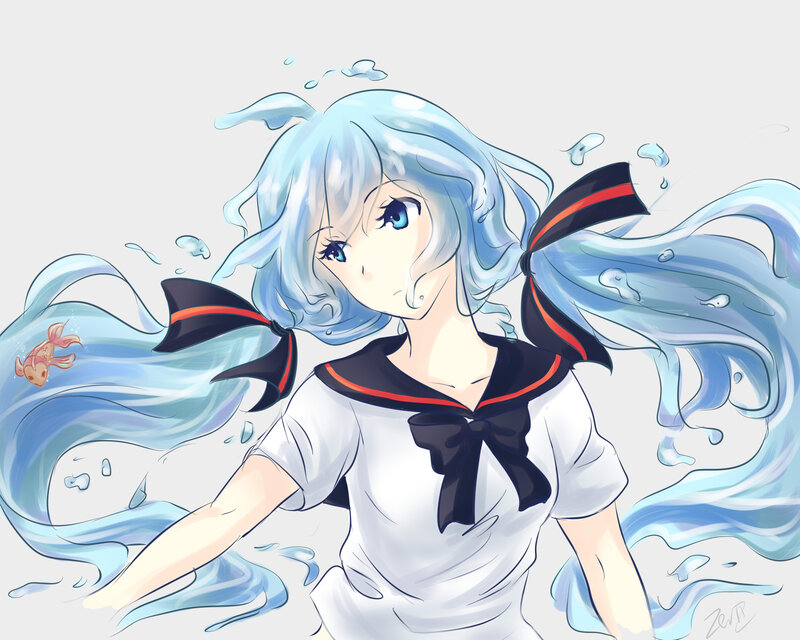 Anime Girl with Blue Hair — Calm, Digital Art, Sailor Uniform