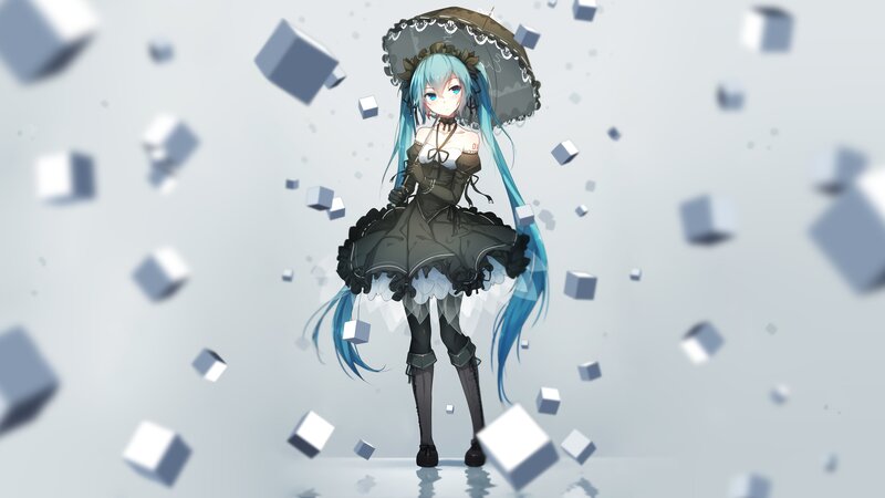Anime Girl with Blue Hair — Calm, Digital Art, Umbrella