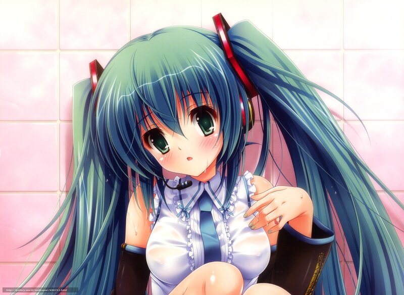 Anime Girl with Blue Hair — Calm, Headphones, Tiled Wall