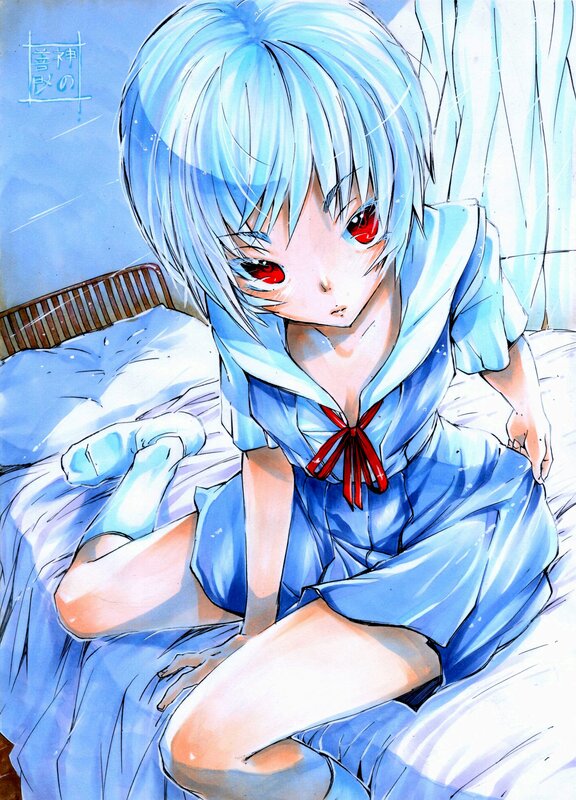 Anime Girl with Blue Hair — Calm, Manga, Bed
