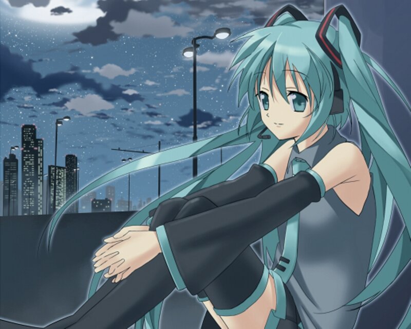Anime Girl with Blue Hair — Calm, Night, City Skyline