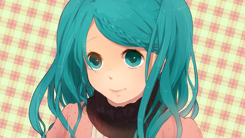 Anime Girl with Blue Hair — Calm, Plaid Background