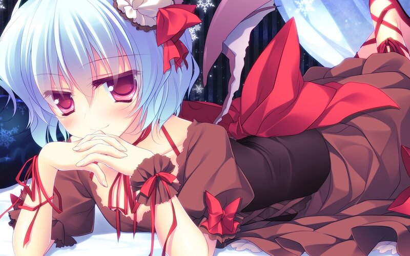 Anime Girl with Blue Hair — Calm, Winter, Red Bows
