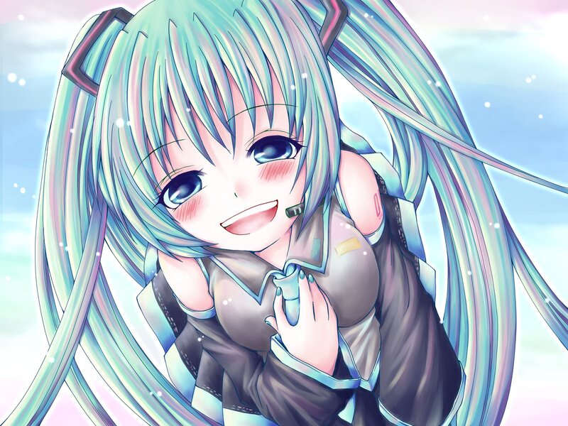 Anime Girl with Blue Hair — Cheerful, Digital Art, Microphone