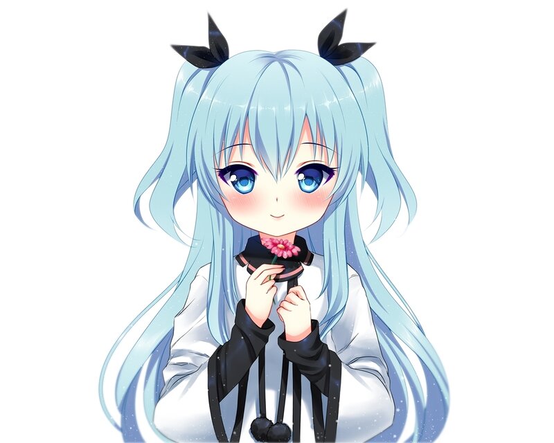Anime Girl with Blue Hair — Cheerful, Flower