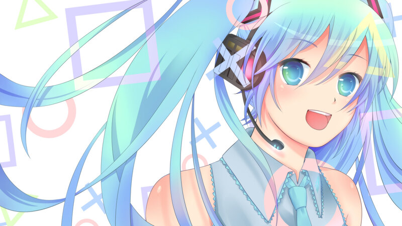 Anime Girl with Blue Hair — Cheerful, Headset, Microphone
