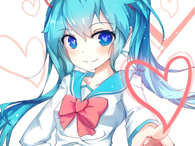 Anime Girl with Blue Hair — Cheerful, Heart