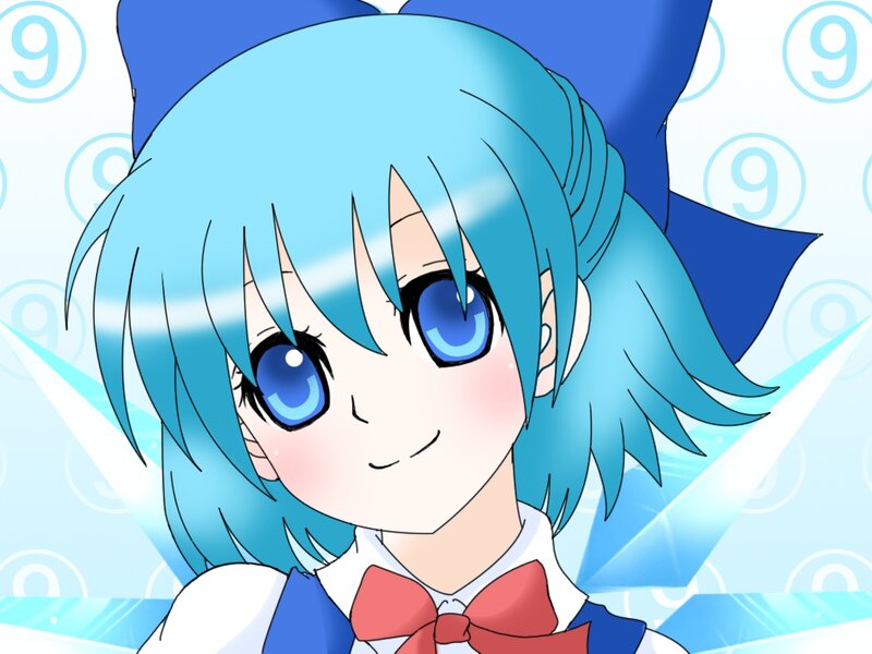 Anime Girl with Blue Hair — Cheerful, Red Bow