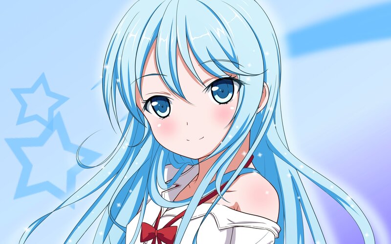Anime Girl with Blue Hair — Cheerful, Stars, Sparkles