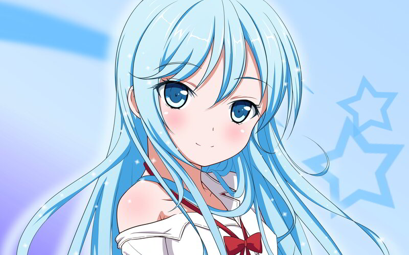 Anime Girl with Blue Hair — Cheerful, Stars