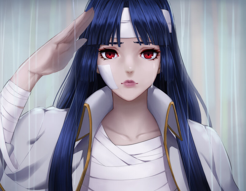 Anime Girl with Blue Hair — Dramatic, Digital Art, Bandages