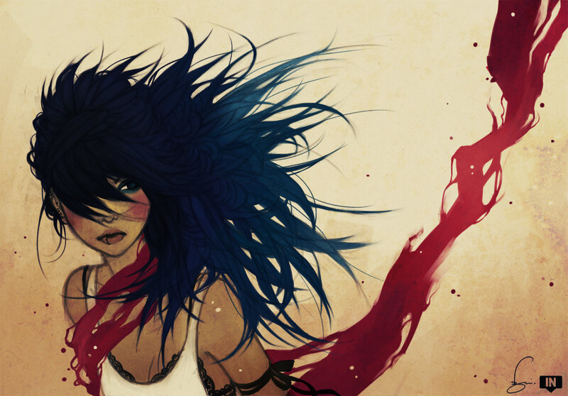 Anime Girl with Blue Hair — Dramatic, Digital Art, Blood