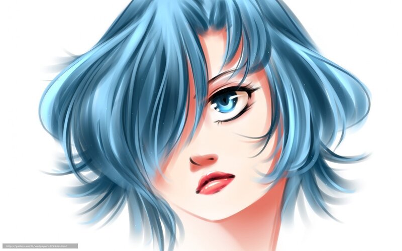 Anime Girl with Blue Hair — Dramatic, Digital Art, Blue Eyes, Red Lips