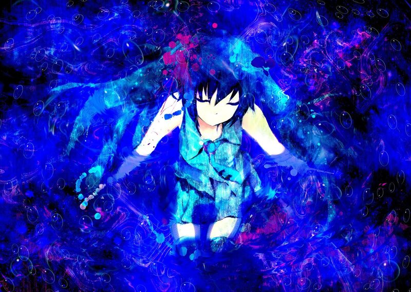 Anime Girl with Blue Hair — Dramatic, Digital Art, Bubbles