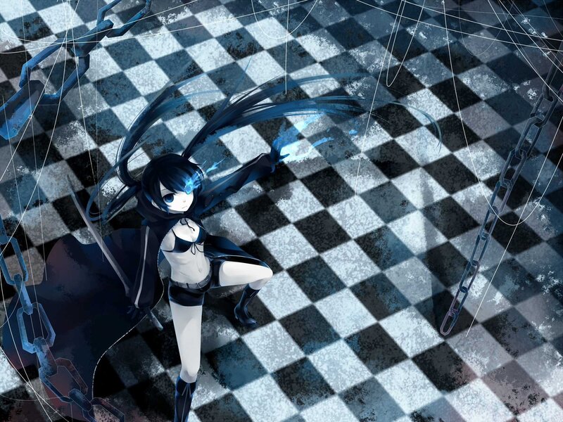 Anime Girl with Blue Hair — Dramatic, Digital Art, Chains, Checkered Floor, Sword