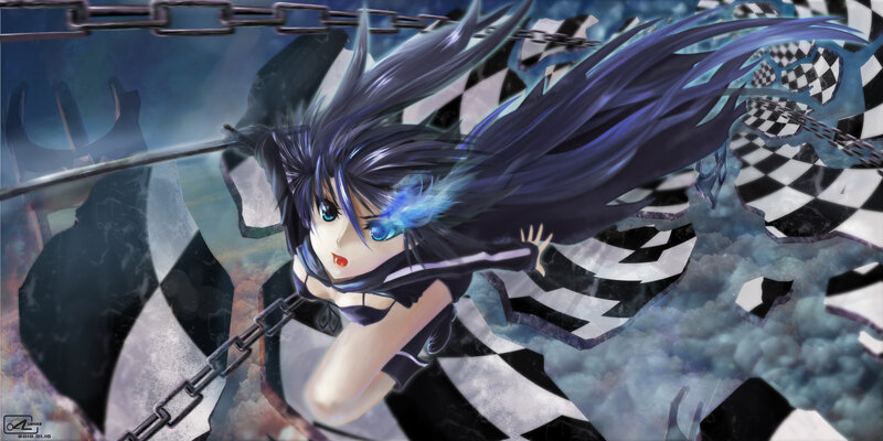 Anime Girl with Blue Hair — Dramatic, Digital Art, Chains, Checkered Pattern
