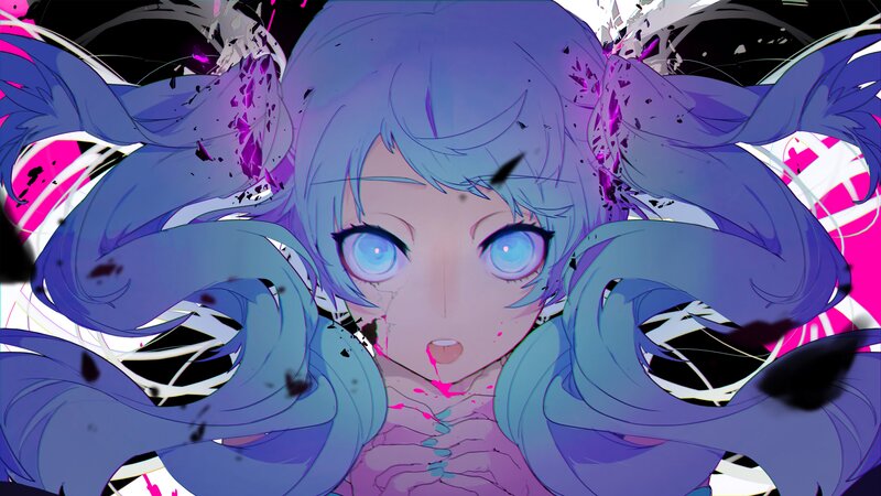 Anime Girl with Blue Hair — Dramatic, Digital Art, Eyes, Splatter