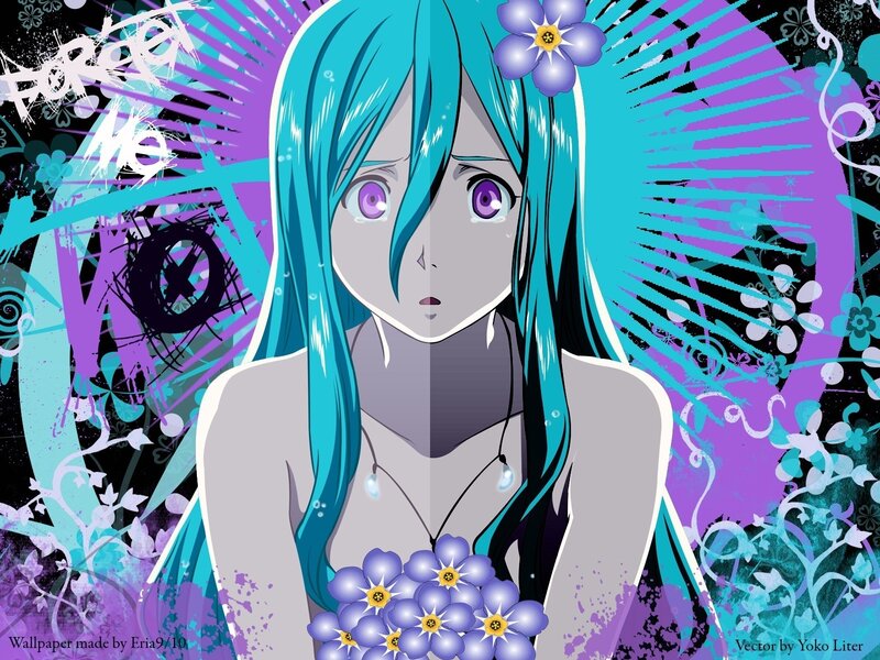 Anime Girl with Blue Hair — Dramatic, Digital Art, Flowers, Graffiti