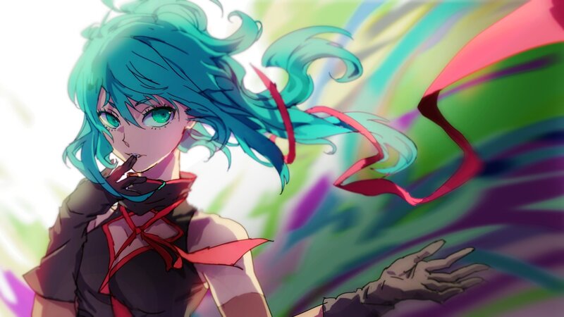 Anime Girl with Blue Hair — Dramatic, Digital Art, Hair Ribbon, Colorful Background