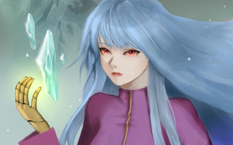 Anime Girl with Blue Hair — Dramatic, Digital Art, Ice Shards