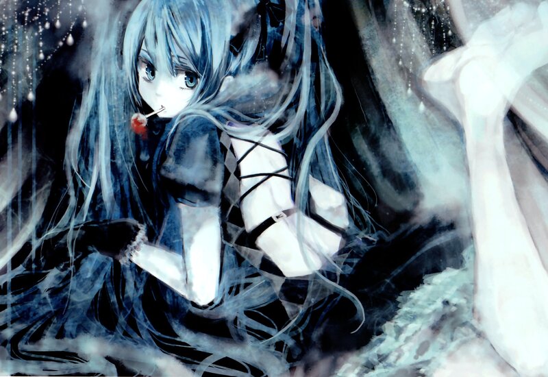 Anime Girl with Blue Hair — Dramatic, Digital Art, Lollipop