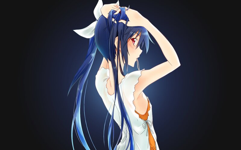 Anime Girl with Blue Hair — Dramatic, Digital Art, Long Hair, White Dress, Red Eyes