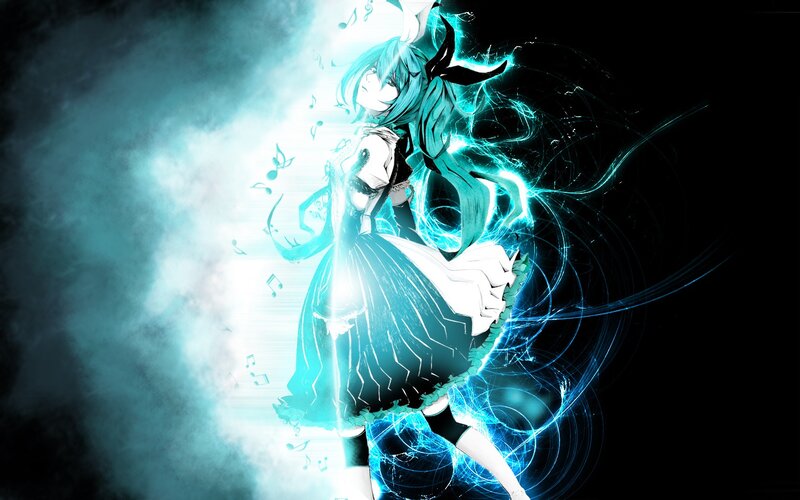 Anime Girl with Blue Hair — Dramatic, Digital Art, Music Notes, Energy Effects