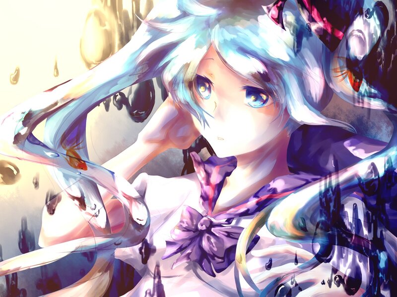 Anime Girl with Blue Hair — Dramatic, Digital Art, Purple Bow, Fish