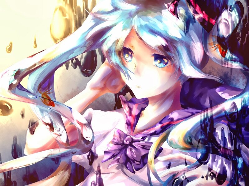 Anime Girl with Blue Hair — Dramatic, Digital Art, Purple Bow