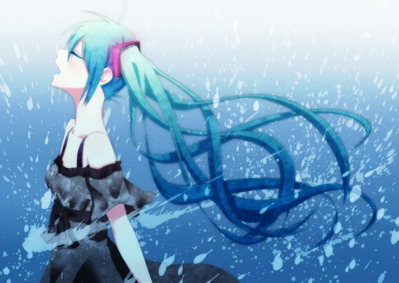 Anime Girl with Blue Hair — Dramatic, Digital Art, Rain