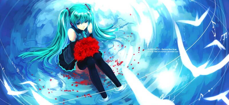 Anime Girl with Blue Hair — Dramatic, Digital Art, Red Flowers
