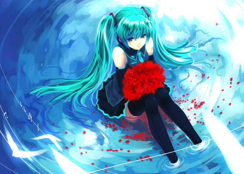 Anime Girl with Blue Hair — Dramatic, Digital Art, Red Pom-pom