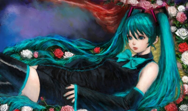 Anime Girl with Blue Hair — Dramatic, Digital Art, Roses