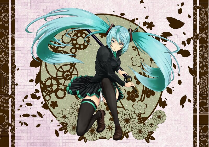 Anime Girl with Blue Hair — Dramatic, Digital Art, Sword, Gears