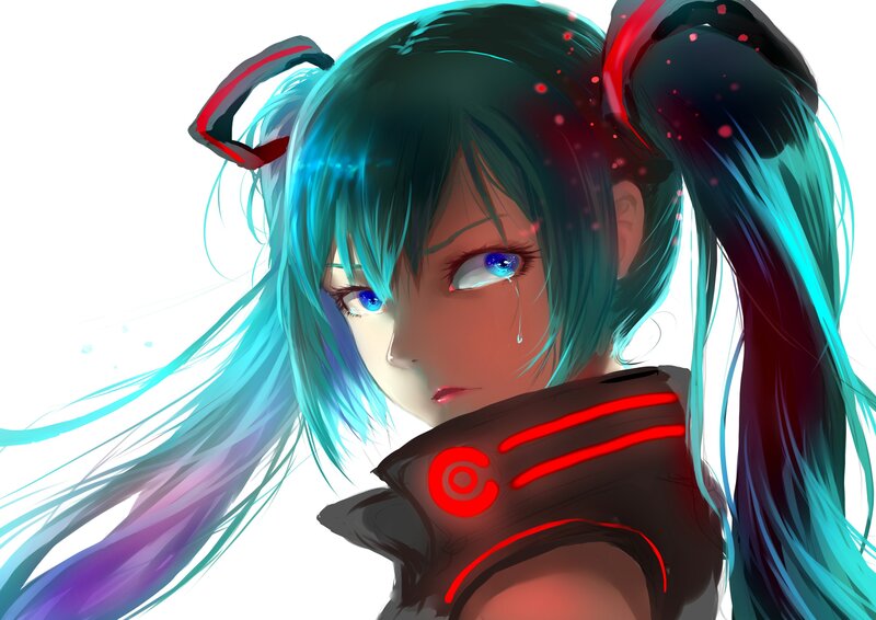 Anime Girl with Blue Hair — Dramatic, Digital Art, Tear
