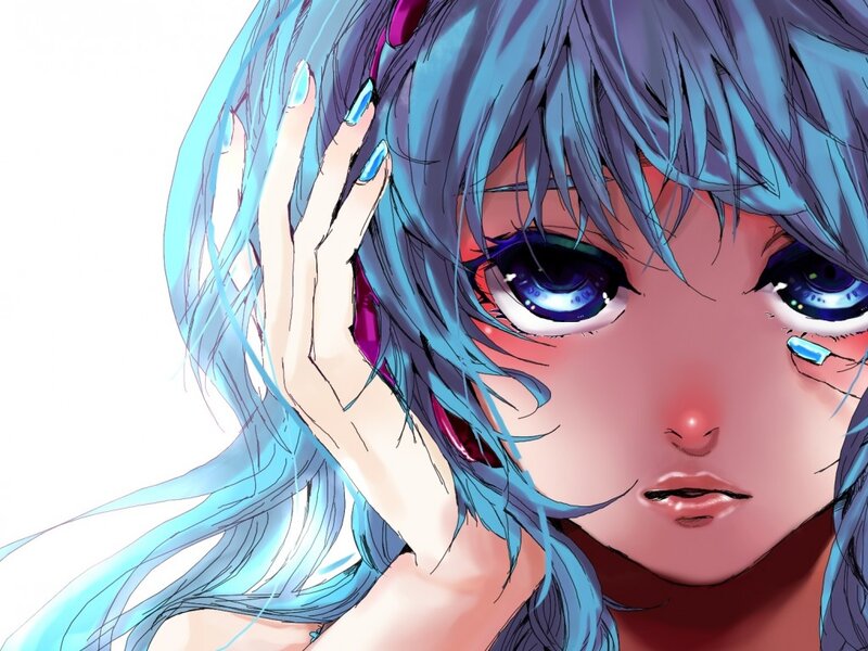 Anime Girl with Blue Hair — Dramatic, Digital Art, Tears, Hand