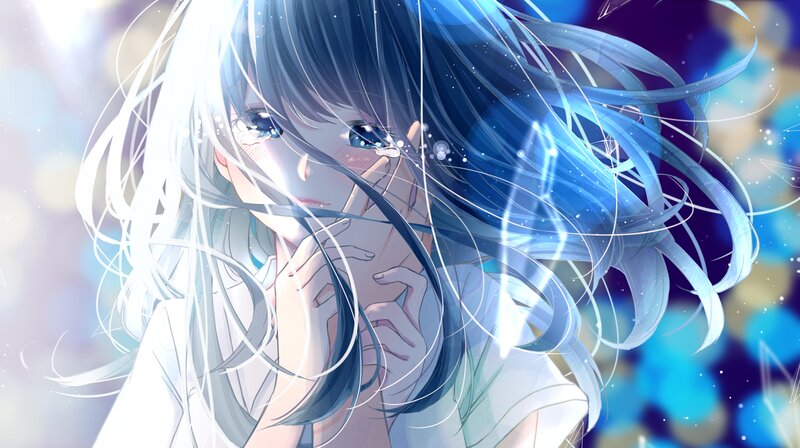 Anime Girl with Blue Hair — Dramatic, Digital Art, Tears, Hands