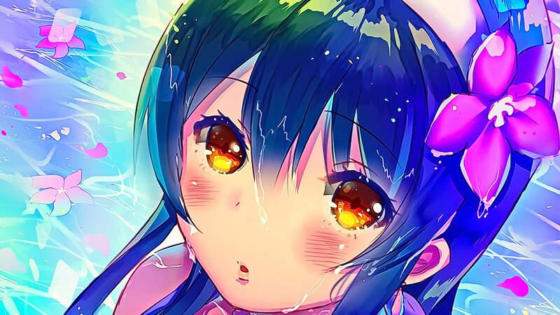 Anime Girl with Blue Hair — Dramatic, Flowers