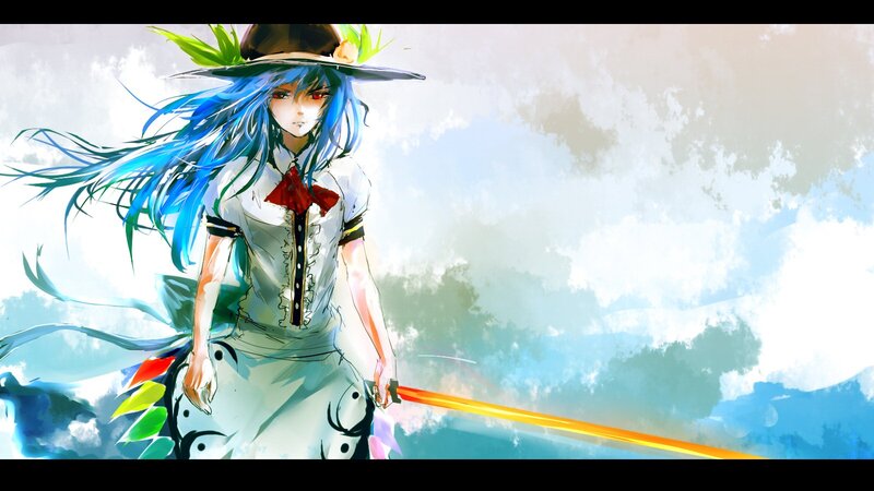 Anime Girl with Blue Hair — Dramatic, Hat, Sword