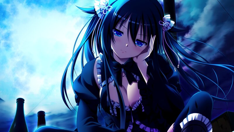 Anime Girl with Blue Hair — Dramatic, Night, Bottles