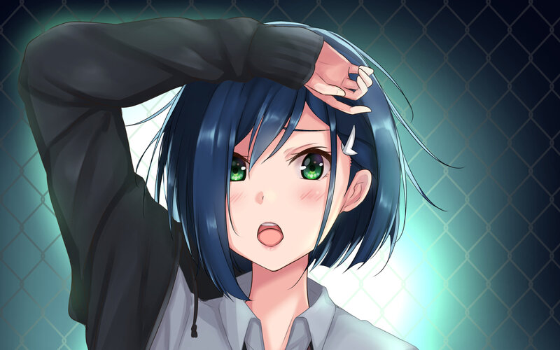 Anime Girl with Blue Hair — Dramatic, Night, Chain-link Fence