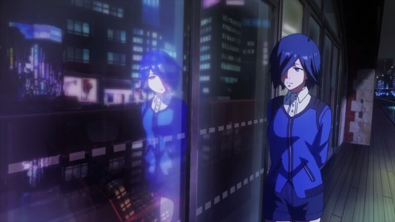 Anime Girl with Blue Hair — Dramatic, Night, Cityscape, Reflection