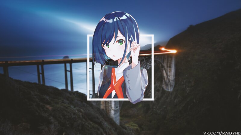 Anime Girl with Blue Hair — Dramatic, Night, Digital Art, Bridge