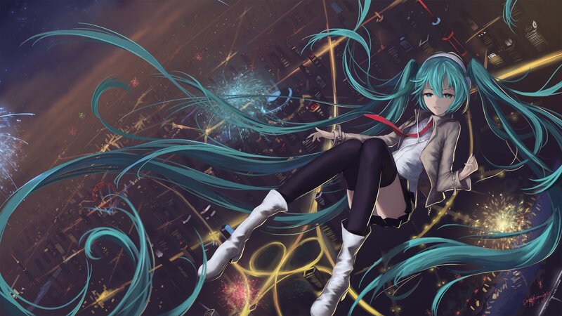 Anime Girl with Blue Hair — Dramatic, Night, Digital Art, Fireworks