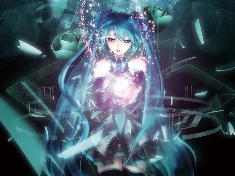 Anime Girl with Blue Hair — Dramatic, Night, Digital Art, Glowing Orb