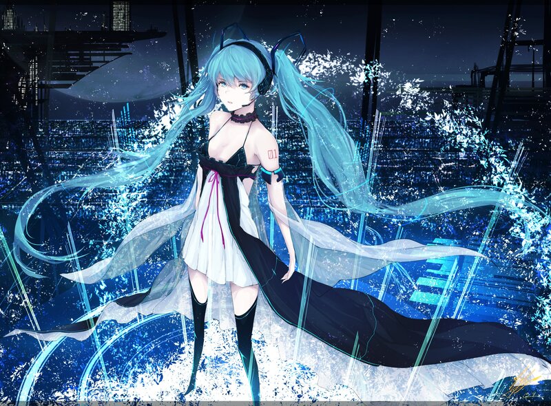 Anime Girl with Blue Hair — Dramatic, Night, Digital Art, Headphones, Cityscape