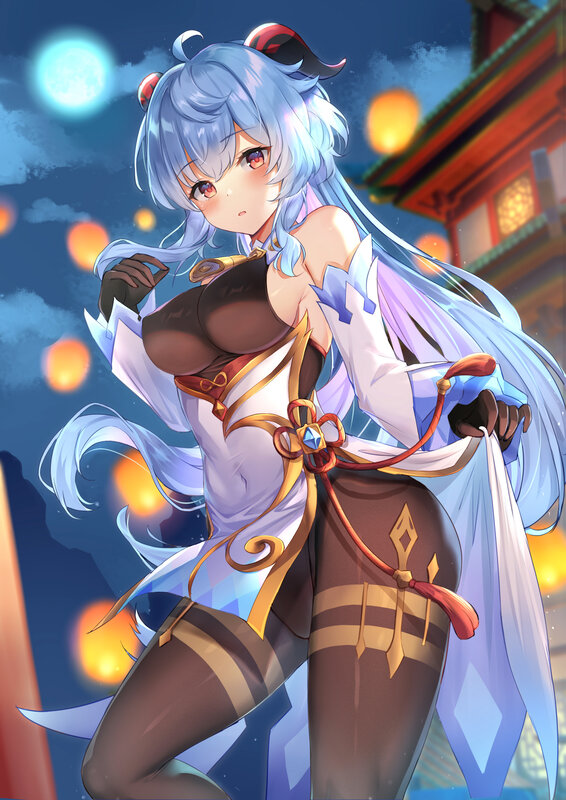 Anime Girl with Blue Hair — Dramatic, Night, Digital Art, Lanterns