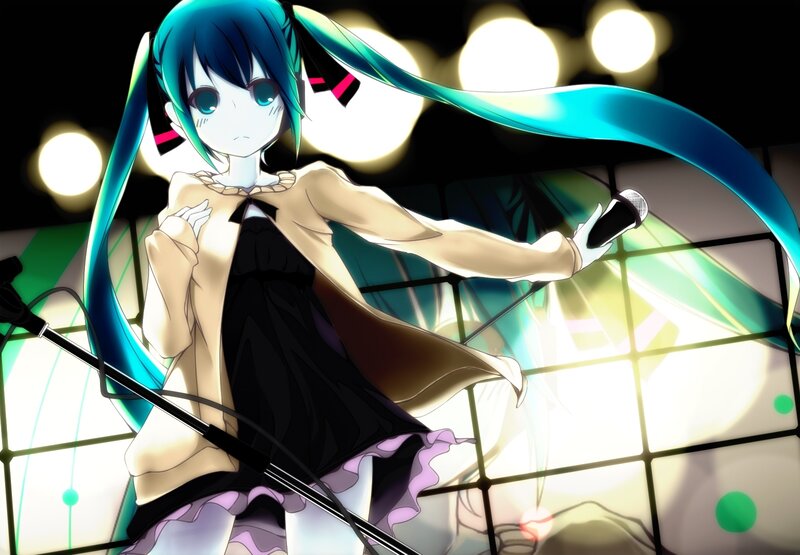 Anime Girl with Blue Hair — Dramatic, Night, Digital Art, Microphone, Stage Lights